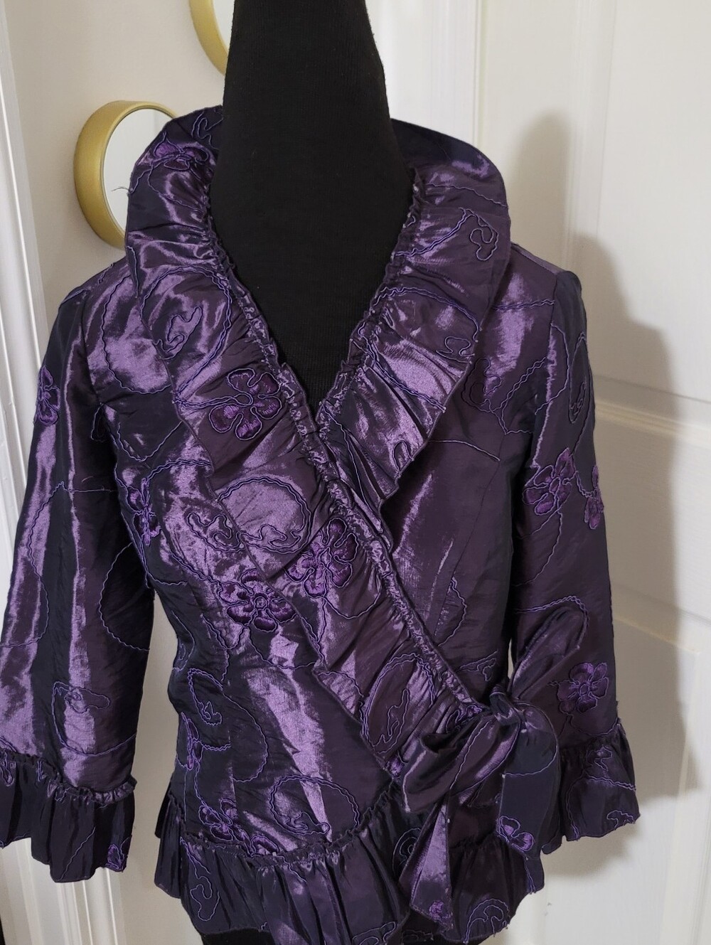 Agora Deep Purple Satin Harlequin Floral Embroidered Top Side Tie